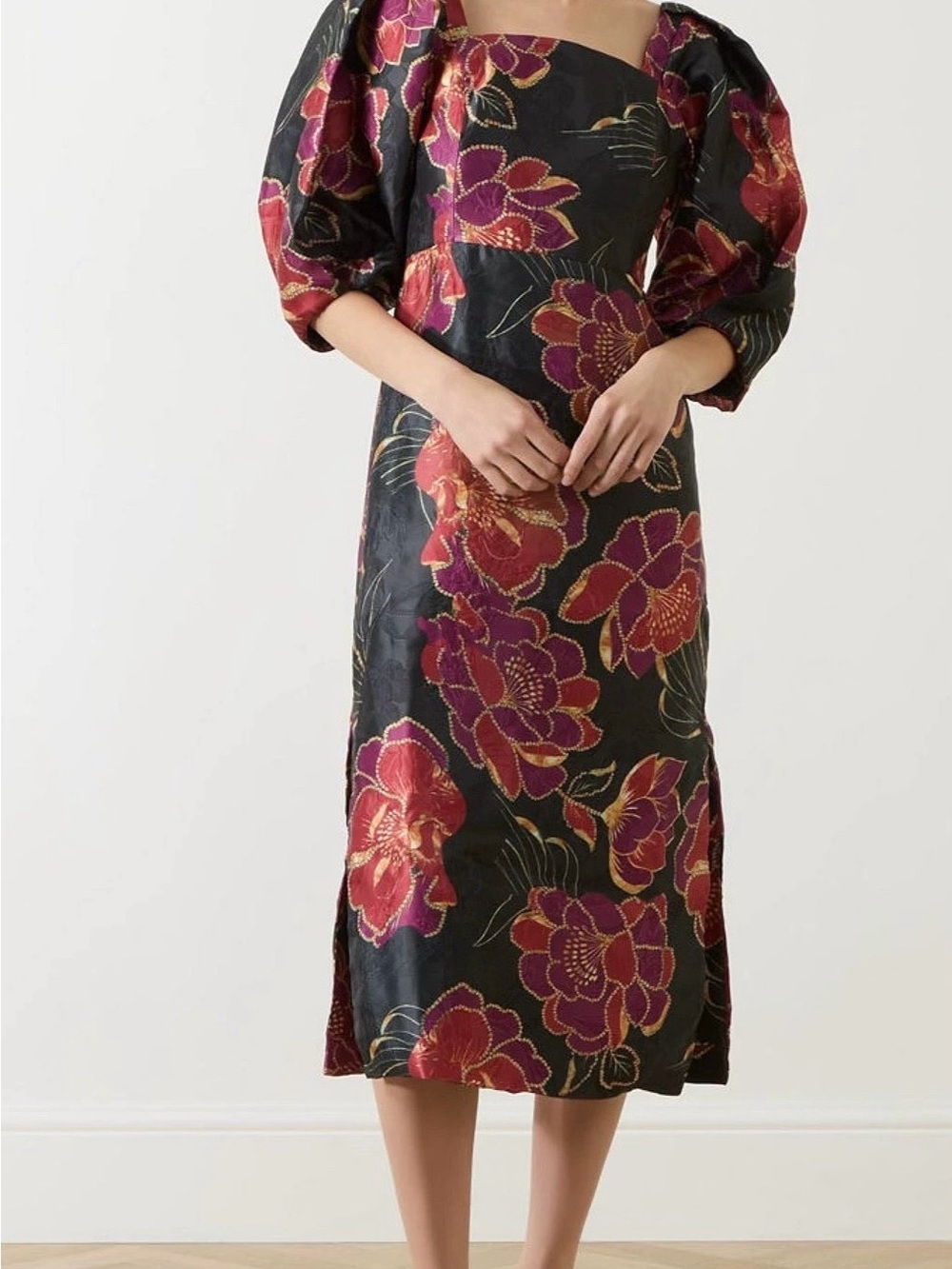 NWOT Farm Rio Shiny Chita Midi Dress - Black Floral Puff Sleeve - S size